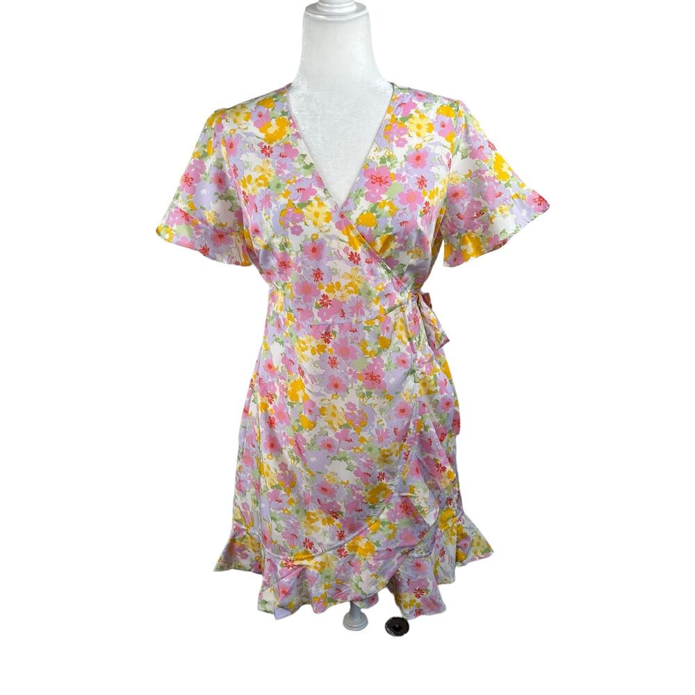 Vero Moda Pink Floral Wrap Mini Dress M NWT Pastel Ruffle Frill Summer Coquette - Picture 2 of 14
